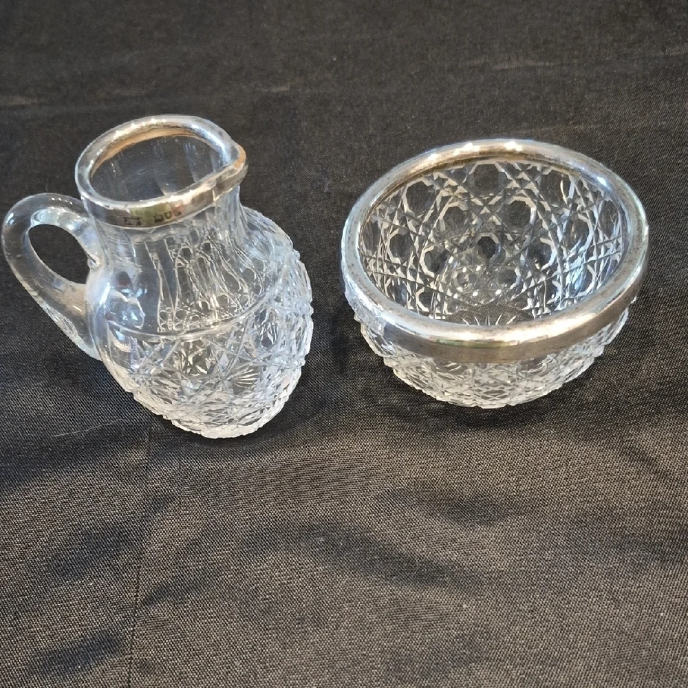 Vintage Sterling Silver Plated Crystal Cream And Sugar Set